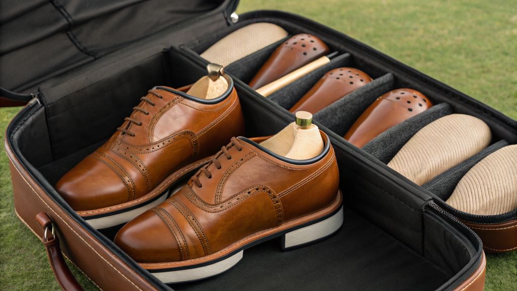 Cedar shoe trees inside leather golf shoes, placed in a breathable shoe bag for storage.