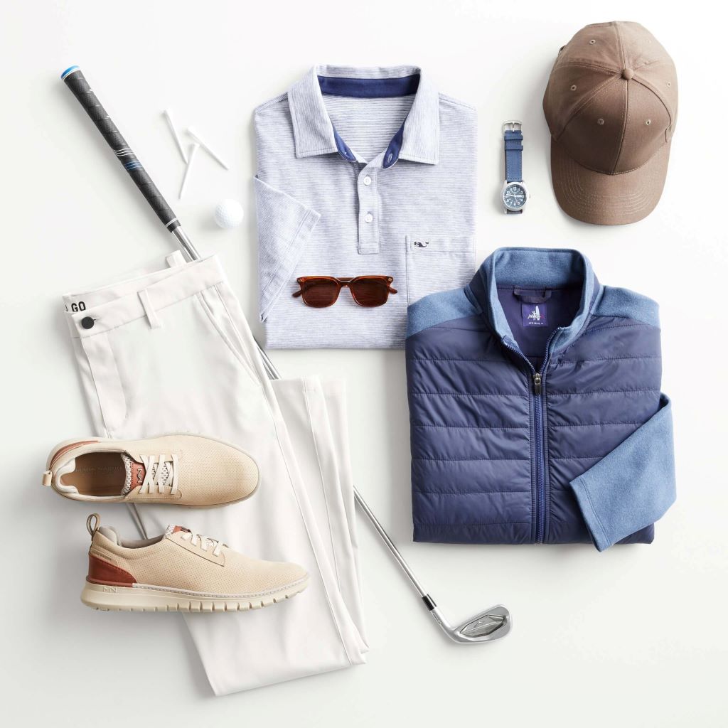 Collection of essential golf clothing items including shirts, pants, shoes, and accessories laid out on white background