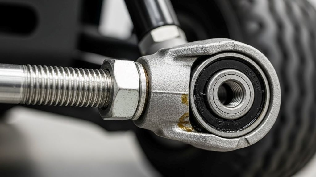 Close-up view of golf cart tie rod end connection showing adjustment point and jam nut
