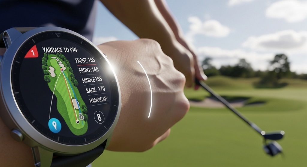 Smartwatch displaying golf course yardage layout