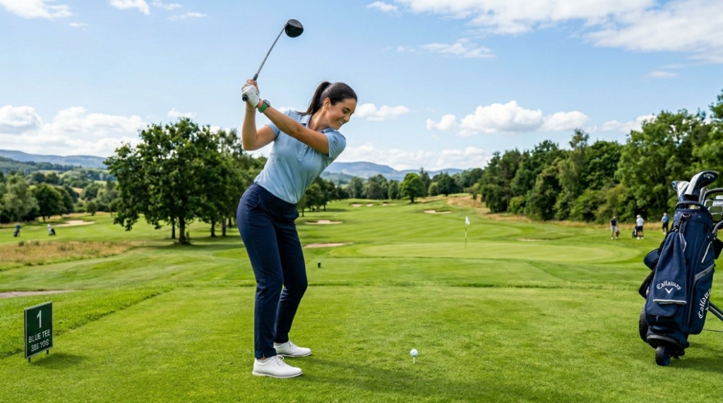 A beginner golfer preparing to tee off with a Callaway driver on a sunny golf course.