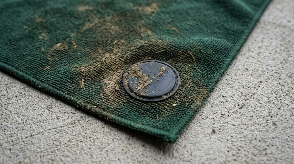 Well maintained magnetic golf towel attached to a golf bag