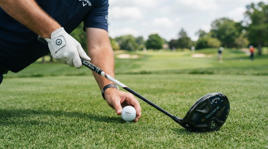 A male golfer holding a modern distance driver clubhead on a green fairway.